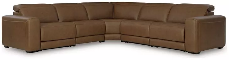 Rally-Up Caramel Leather 5 Piece Modular Power Reclining Sectional with USB Charging
