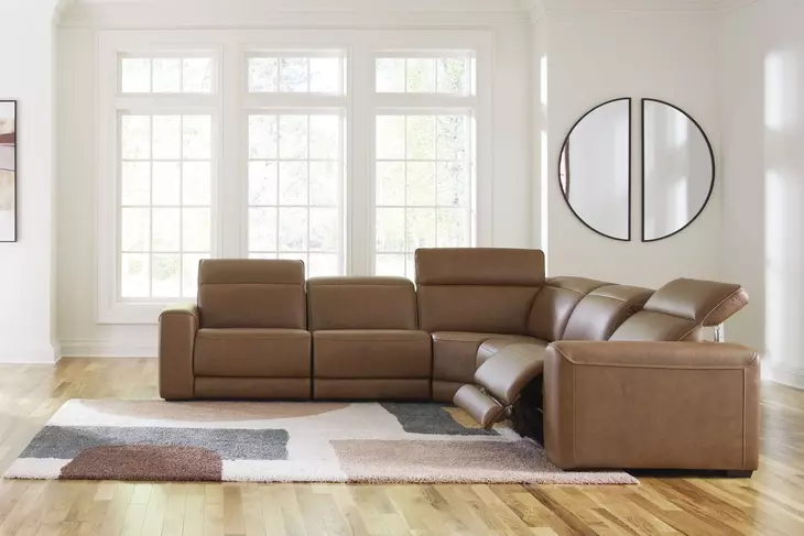 Rally-Up Caramel Leather 5 Piece Modular Power Reclining Sectional with USB Charging