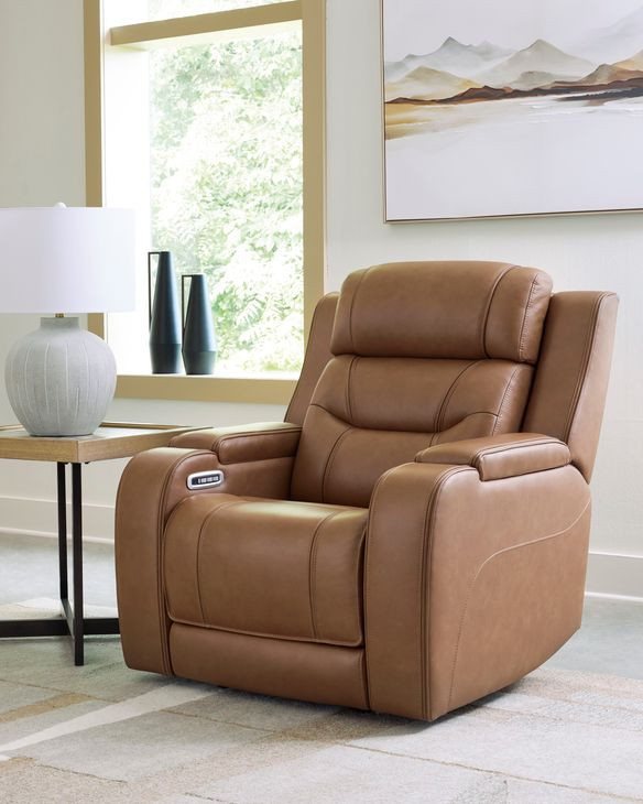 Dreamer Caramel Leather Power Recliner with Audio Seating