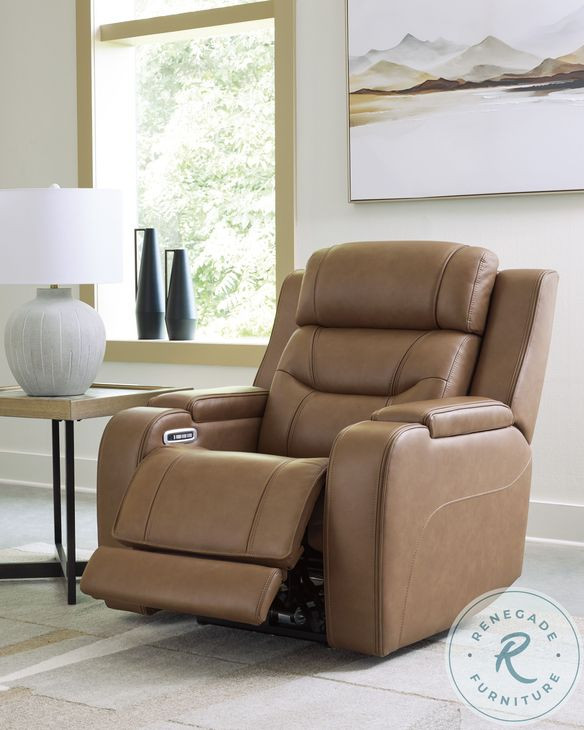 Dreamer Caramel Leather Power Recliner with Audio Seating
