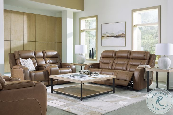 Dreamer Caramel Leather Power Reclining Living Room Set with Audio Seating