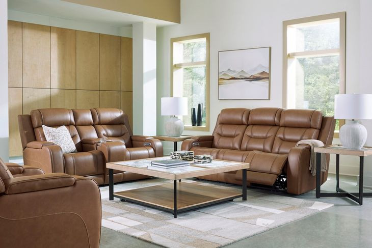 Dreamer Caramel Leather Power Reclining Living Room Set with Audio Seating