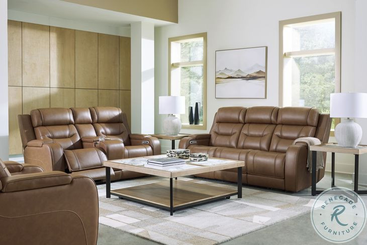 Dreamer Caramel Leather Power Reclining Living Room Set with Audio Seating