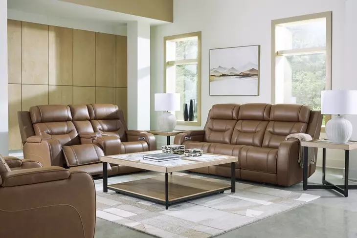 Dreamer Caramel Leather Power Reclining Living Room Set with Audio Seating