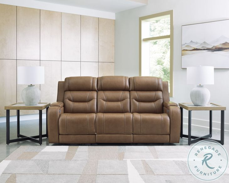 Dreamer Caramel Leather Power Reclining Sofa with Audio Seating