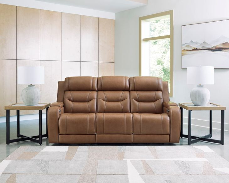 Dreamer Caramel Leather Power Reclining Sofa with Audio Seating