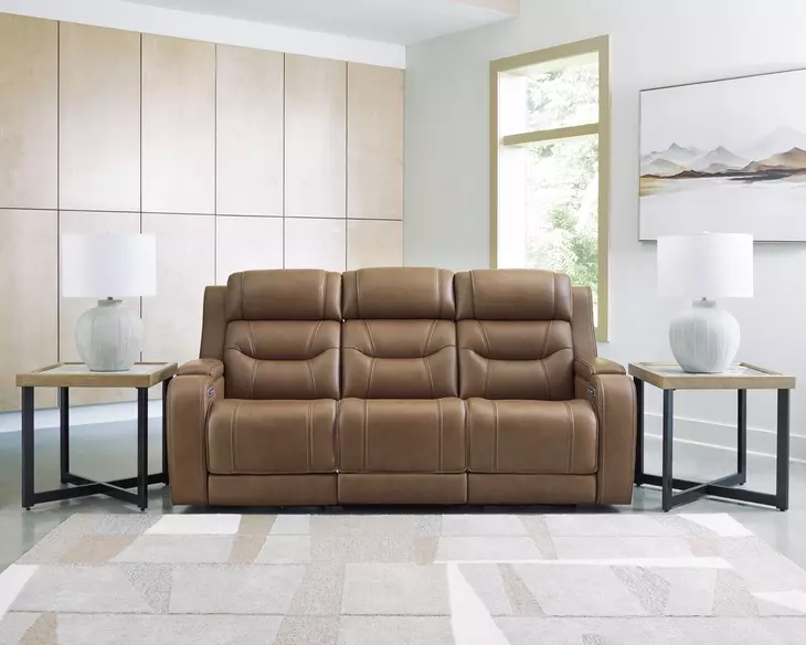Dreamer Caramel Leather 87" Power Reclining Sofa with Audio Seating