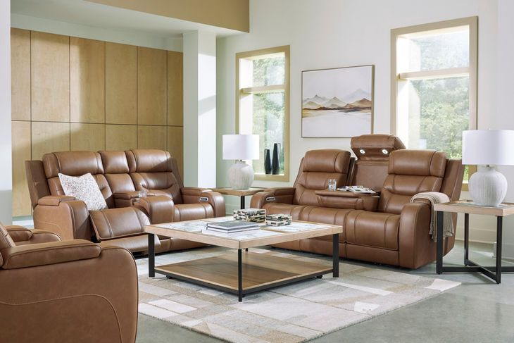 Dreamer Caramel Leather Power Reclining Loveseat with Audio Seating