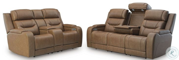 Dreamer Caramel Leather Power Reclining Loveseat with Audio Seating