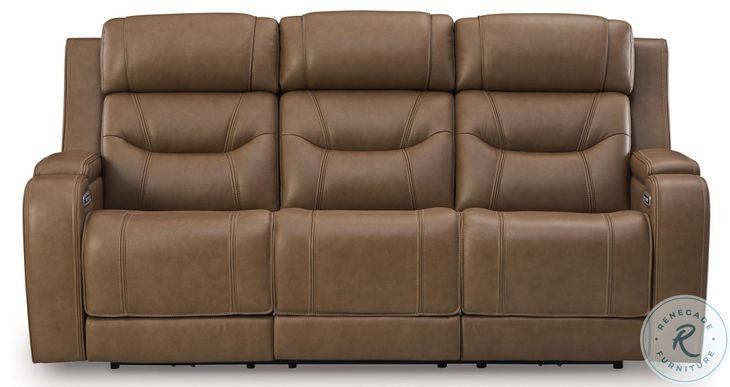 Dreamer Caramel Leather Power Reclining Sofa with Audio Seating