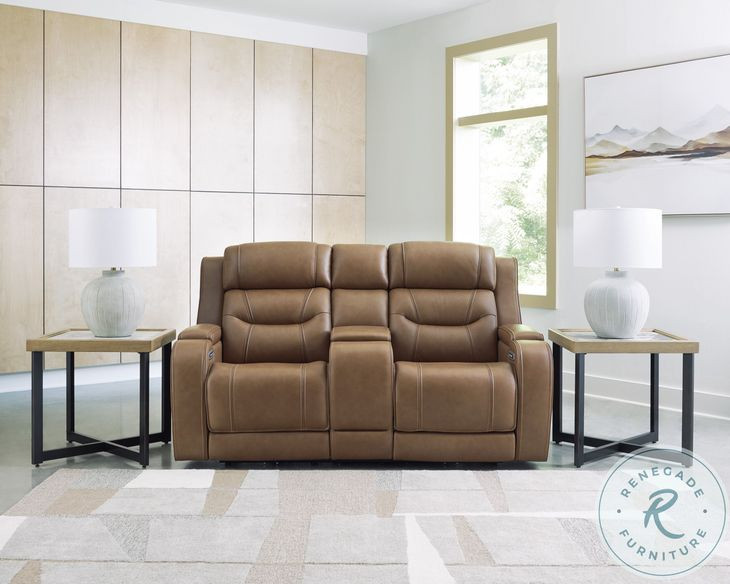 Dreamer Caramel Leather Power Reclining Loveseat with Audio Seating
