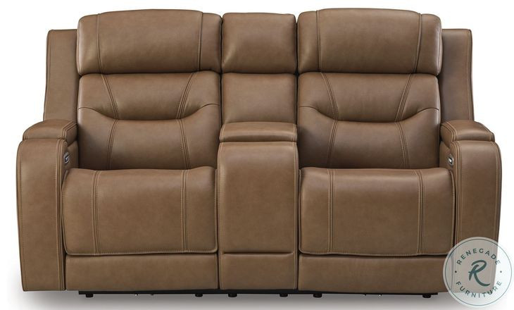 Dreamer Caramel Leather Power Reclining Loveseat with Audio Seating