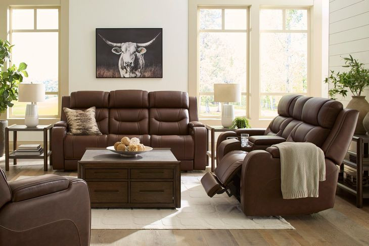 Dreamer Brown Leather Power Reclining Living Room Set with Audio Seating