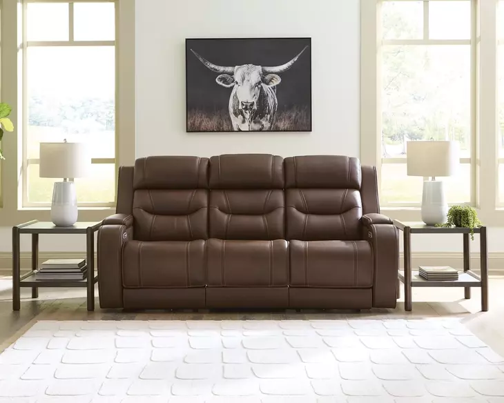 Dreamer Brown Leather 84" Power Reclining Sofa with Audio Seating