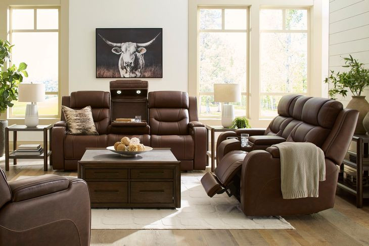 Dreamer Brown Leather Power Reclining Living Room Set with Audio Seating