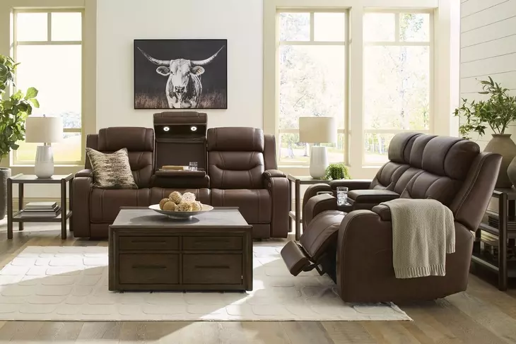 Dreamer Brown Leather 84" Power Reclining Sofa with Audio Seating