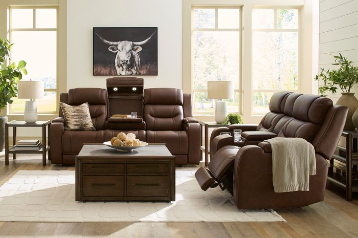 Dreamer Brown Leather Power Reclining Loveseat with Audio Seating