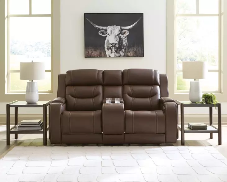 Dreamer Brown Leather 75" Power Reclining Loveseat with Audio Seating