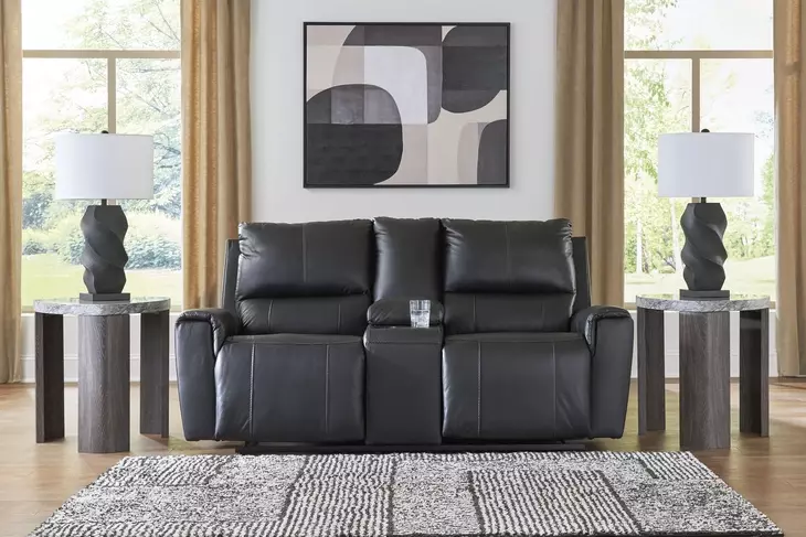 Danemere Black Leather 74" Reclining Loveseat