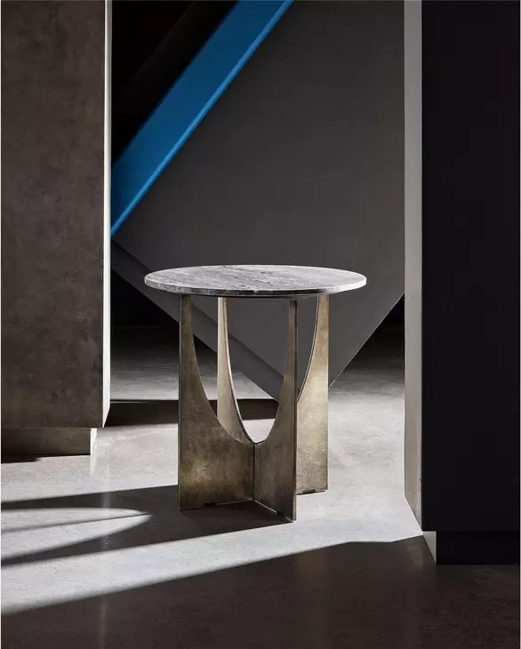 Curated Gray and Gold Round Travertine Top Op Art End Table