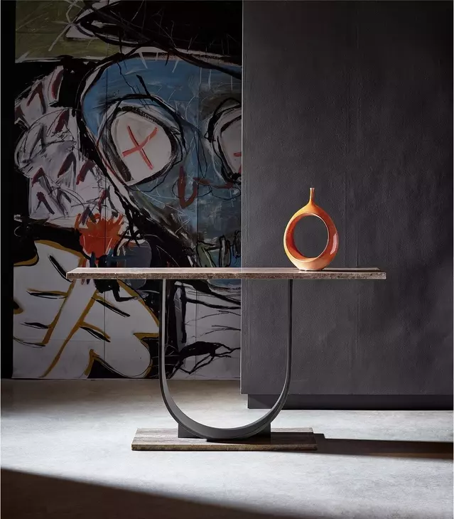 Curated Gray and Oil Rubbed Bronze Rectangular Travertine Top Equilibrium Console Table