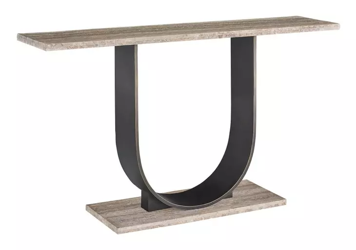 Curated Gray and Oil Rubbed Bronze Rectangular Travertine Top Equilibrium Console Table