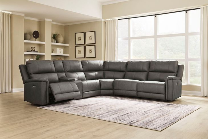 Burnley Anchor Leather 6 Piece Modular Power Reclining Sectional with Storage Console and USB Charging