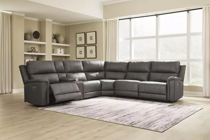 Beryton Anchor Leather 6 Piece Modular Power Reclining Sectional with Storage Console and USB Charging