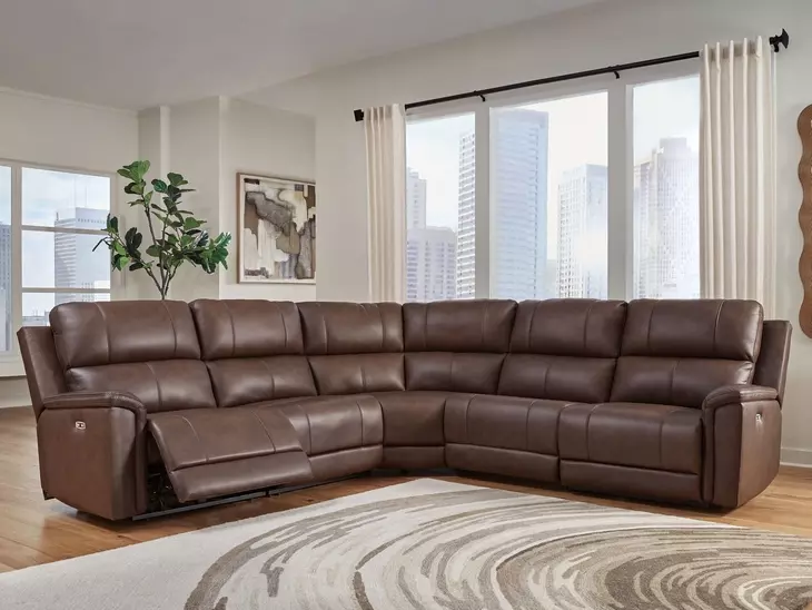Beryton Espresso Leather 5 Piece Modular Power Reclining Sectional with USB Charging