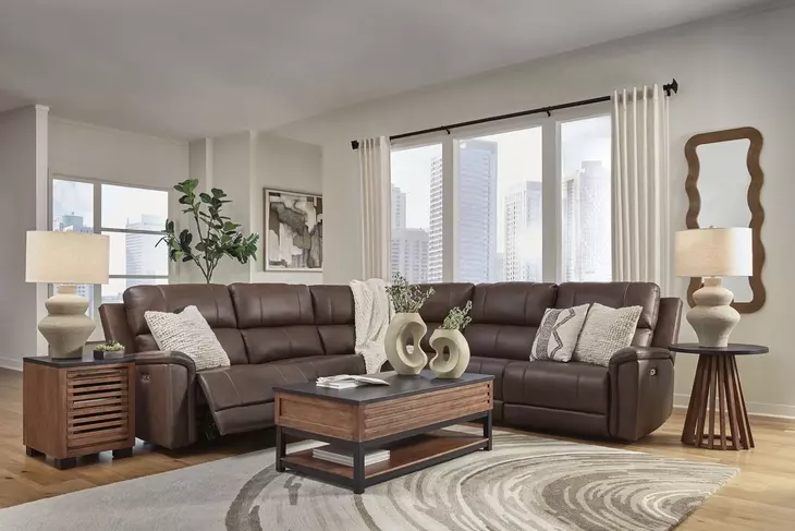 Beryton Espresso Leather 5 Piece Modular Power Reclining Sectional with USB Charging
