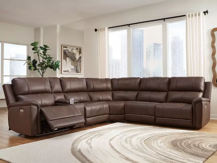 Beryton Espresso Leather 6 Piece Modular Power Reclining Sectional with Storage Console and USB Charging