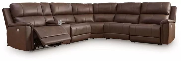 Beryton Espresso Leather 6 Piece Modular Power Reclining Sectional with Storage Console and USB Charging