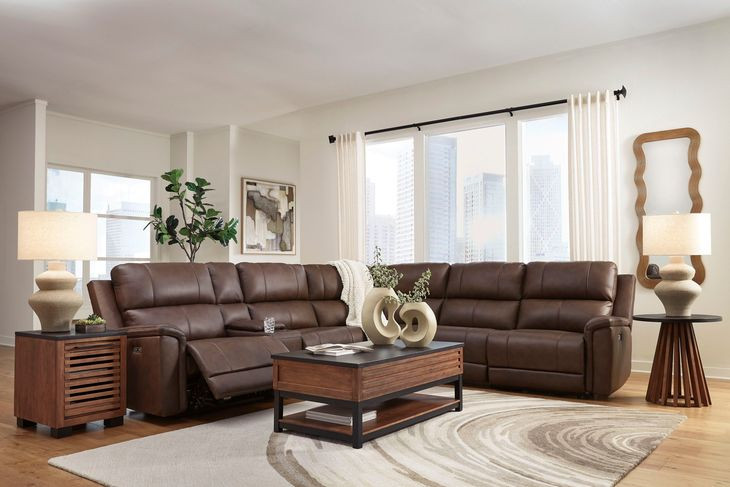 Burnley Espresso Leather 6 Piece Modular Power Reclining Sectional with Storage Console and USB Charging