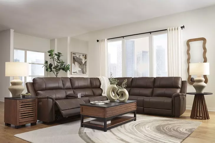 Beryton Espresso Leather 6 Piece Modular Power Reclining Sectional with Storage Console and USB Charging