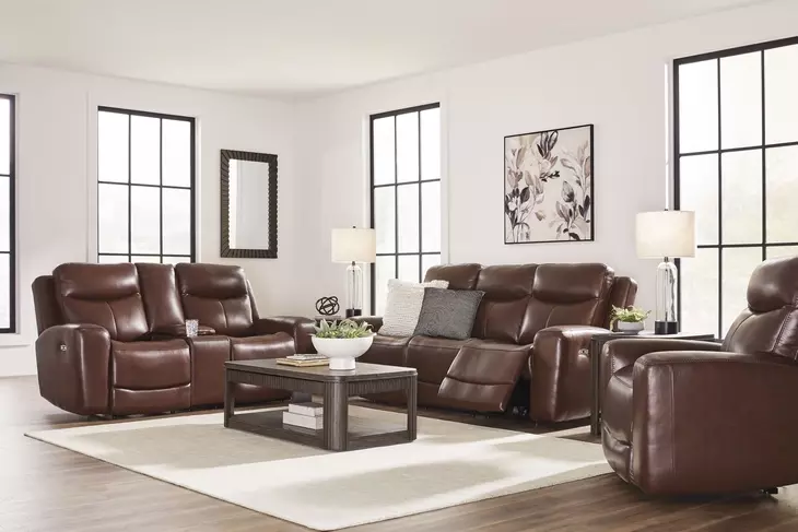 Momentum Moves Mahogany Leather Power Reclining Living Room Set