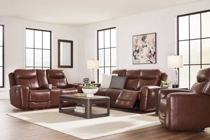 Mighty Moves Mahogany Leather 78" Power Reclining Loveseat with Console and USB Charging
