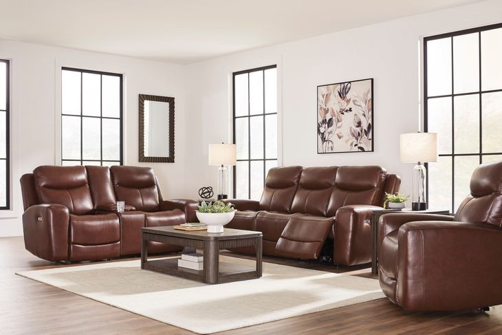 Mighty Moves Mahogany Leather Power Reclining Living Room Set