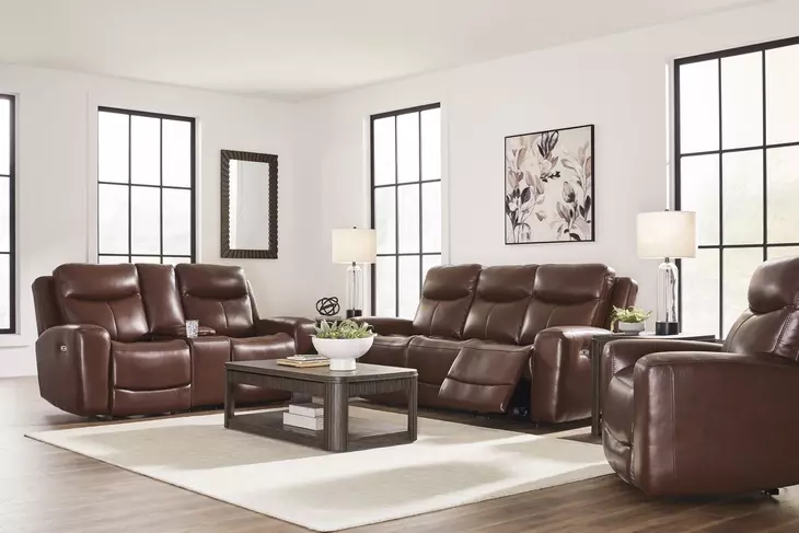 Momentum Moves Mahogany Leather Power Reclining Living Room Set