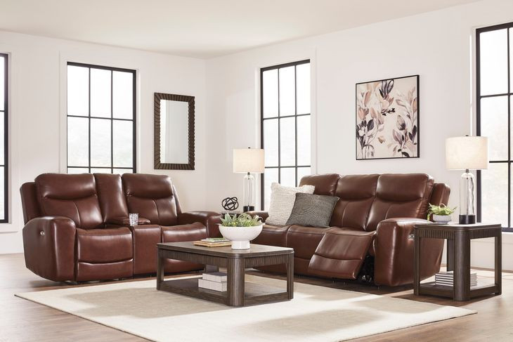Mighty Moves Mahogany Leather 88" Power Reclining Sofa with USB Charging
