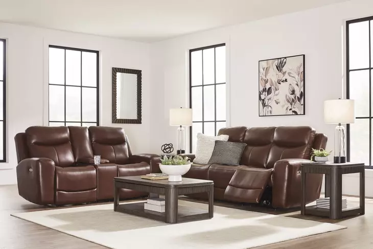 Momentum Moves Mahogany Leather 88" Power Reclining Sofa with USB Charging