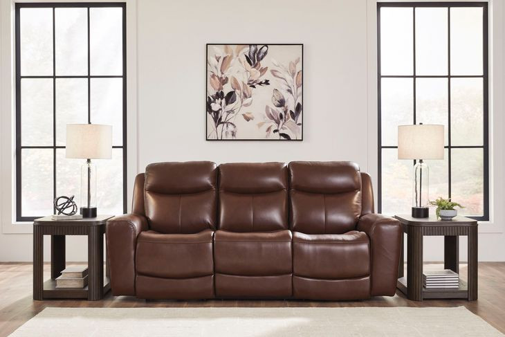 Mighty Moves Mahogany Leather 88" Power Reclining Sofa with USB Charging