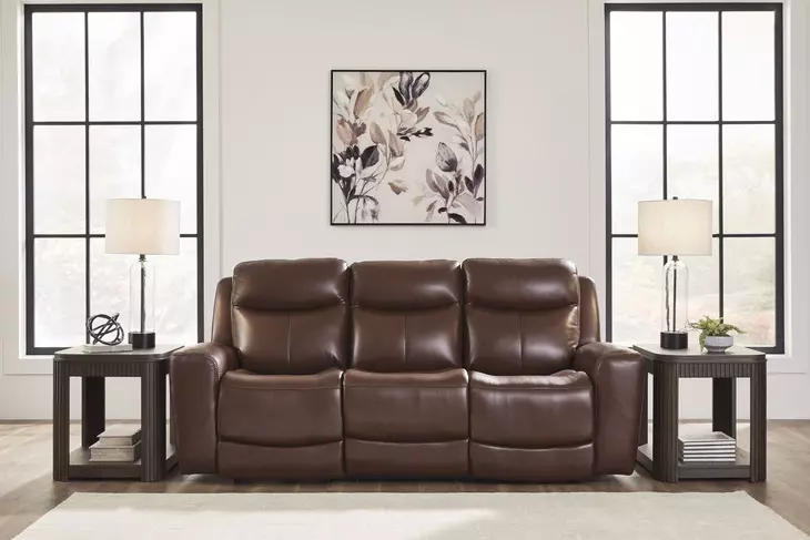Momentum Moves Mahogany Leather 88" Power Reclining Sofa with USB Charging