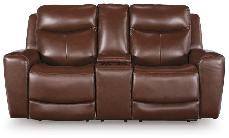 Mighty Moves Mahogany Leather 78" Power Reclining Loveseat with Console and USB Charging