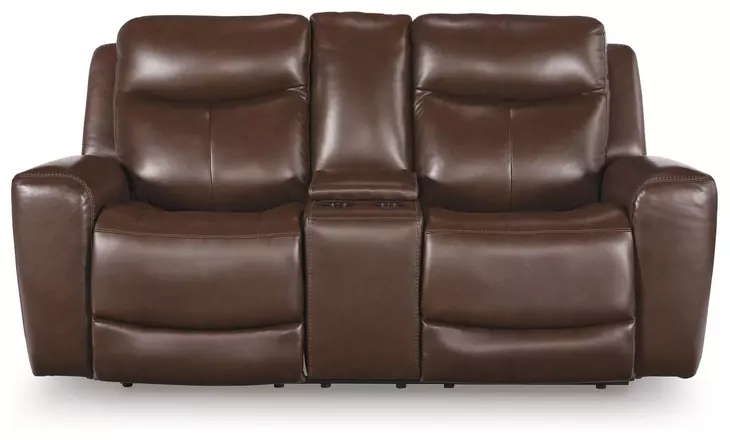 Momentum Moves Mahogany Leather 78" Power Reclining Loveseat with Console and USB Charging