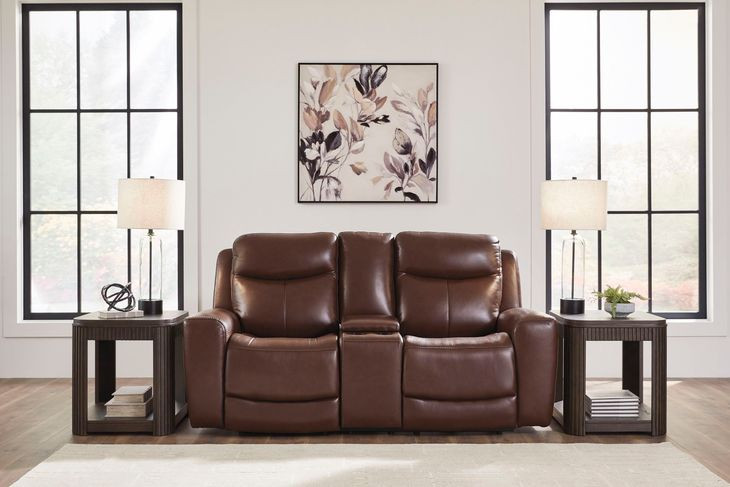Mighty Moves Mahogany Leather 78" Power Reclining Loveseat with Console and USB Charging