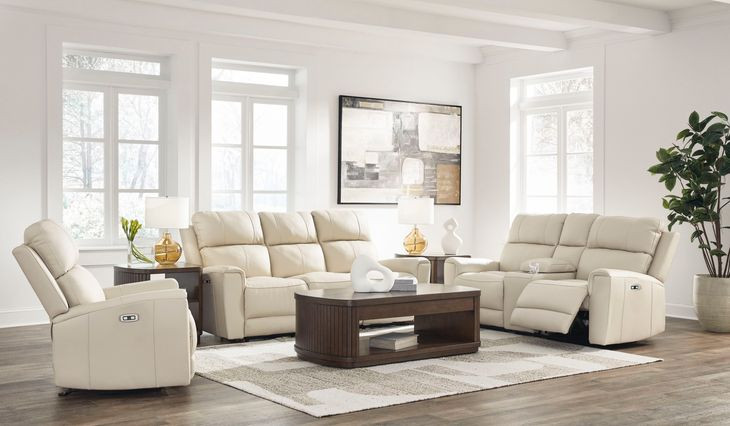 Dahlmoore Almond Leather 87" Power Reclining Sofa with USB Charging
