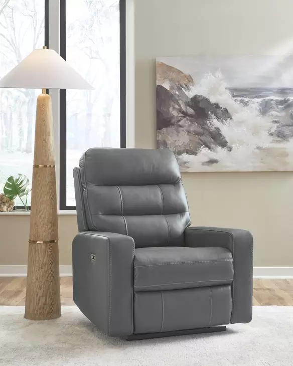Revival Status Gray Leather Power Recliner with Power Headrest and USB Charging