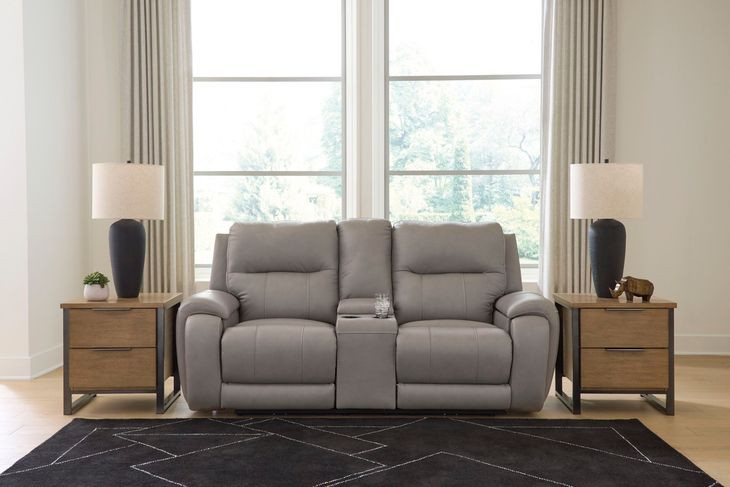Nightfall Mania Ash Leather 83" Zero Gravity Power Reclining Loveseat with Audio Seating and USB Charging