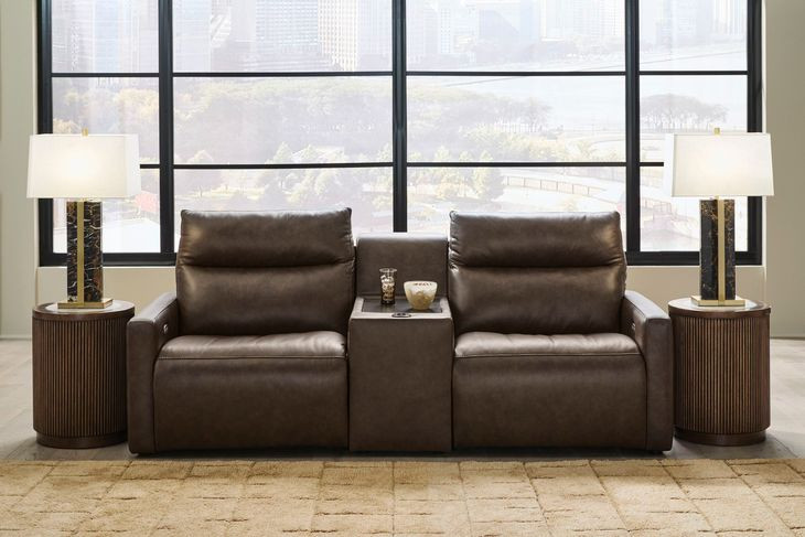 ModZ Chocolate Leather 3 Piece Modular Power Reclining Sectional with Audio Console and USB Charging