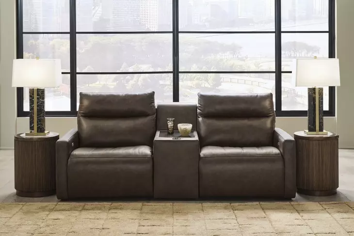 ModZ Chocolate Leather 3 Piece Modular Power Reclining Sectional with Audio Console and USB Charging